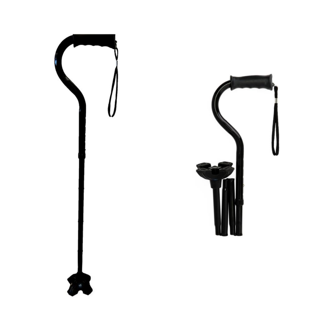 Two black Medline 4U 4-Point Offset Folding Free-Standing Hybrid Canes with ergonomic handles and wrist straps: the left, fully extended with a tripod base for mobility support; the right, compactly folded. Both are set against a white background.